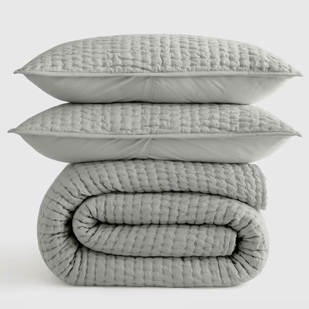 Quince Handcrafted Cotton Linen Quilt King Set Cal King Mist Blue Green New